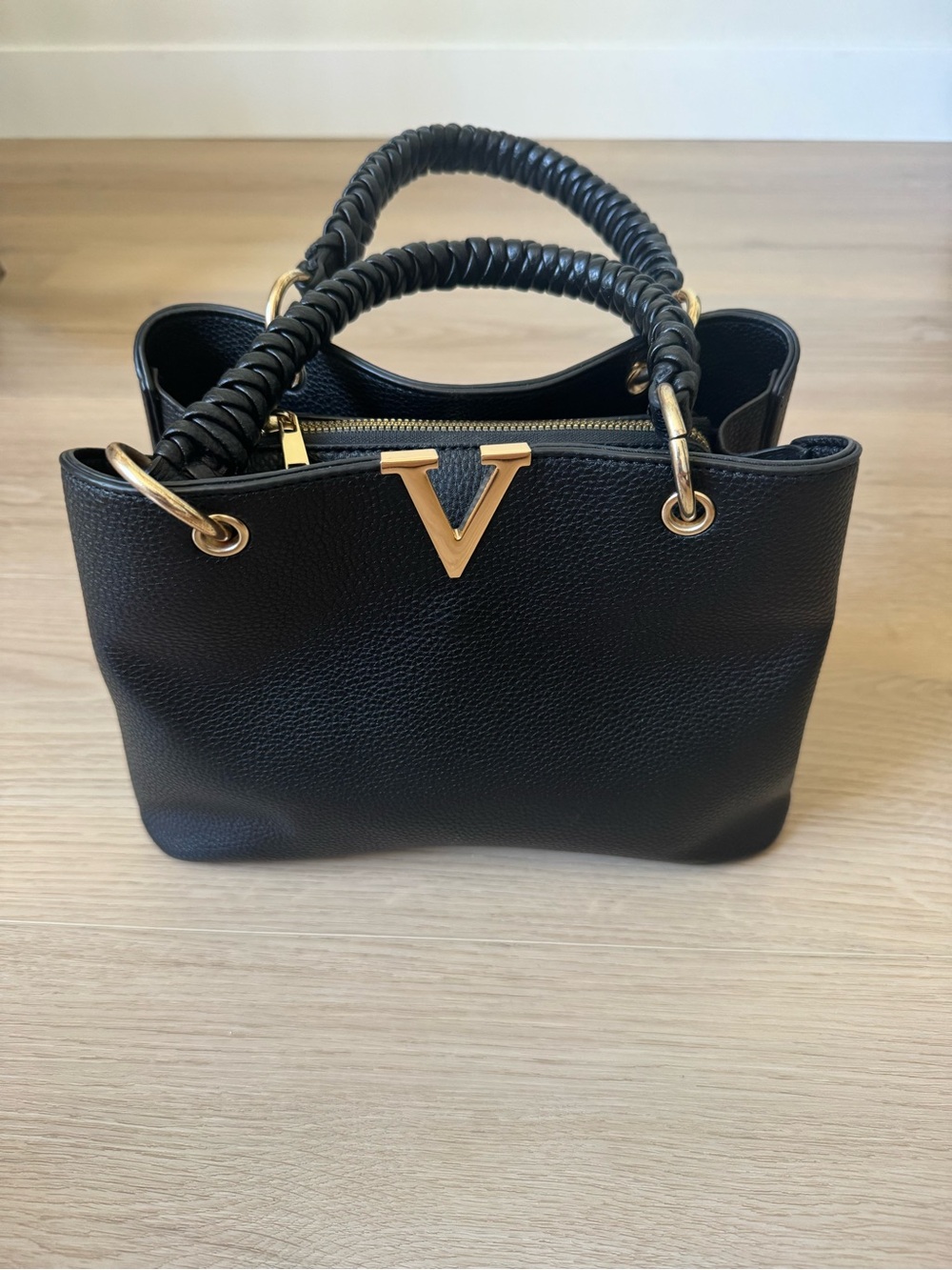 Structured Black Leather Satchel with Gold V Accent